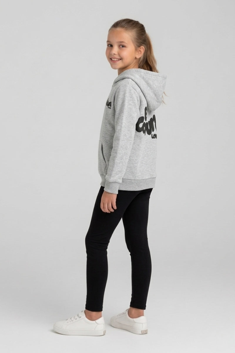 Luna Girls Leggings & Hoodie Set - Grey Marl/Black