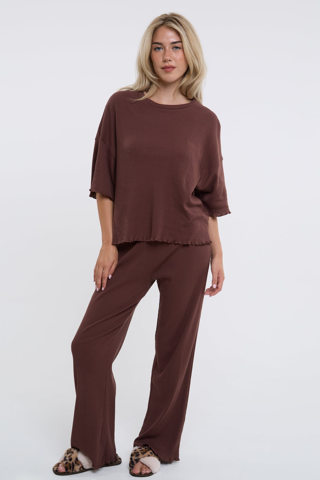 Off-Duty Ribbed Pyjama Set - Brown