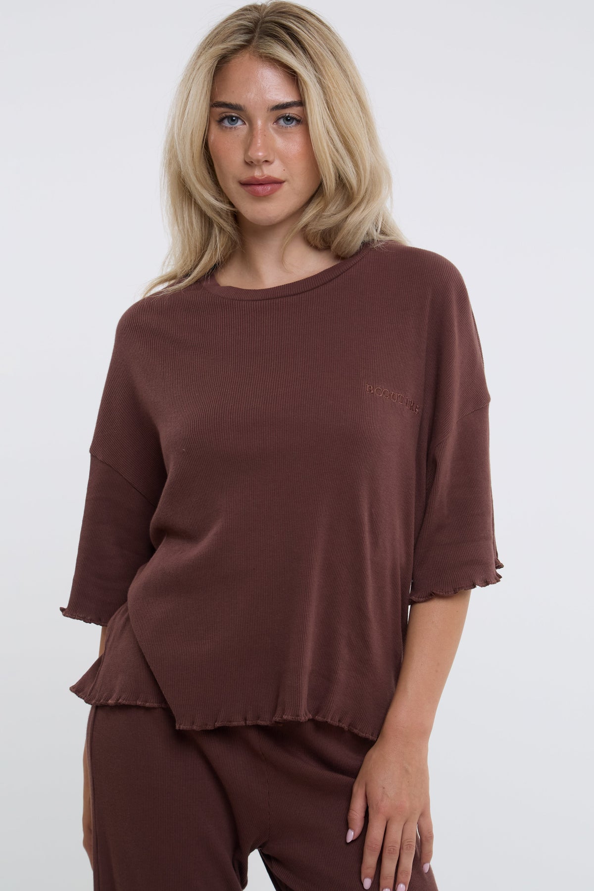 Off-Duty Ribbed Pyjama Set - Brown