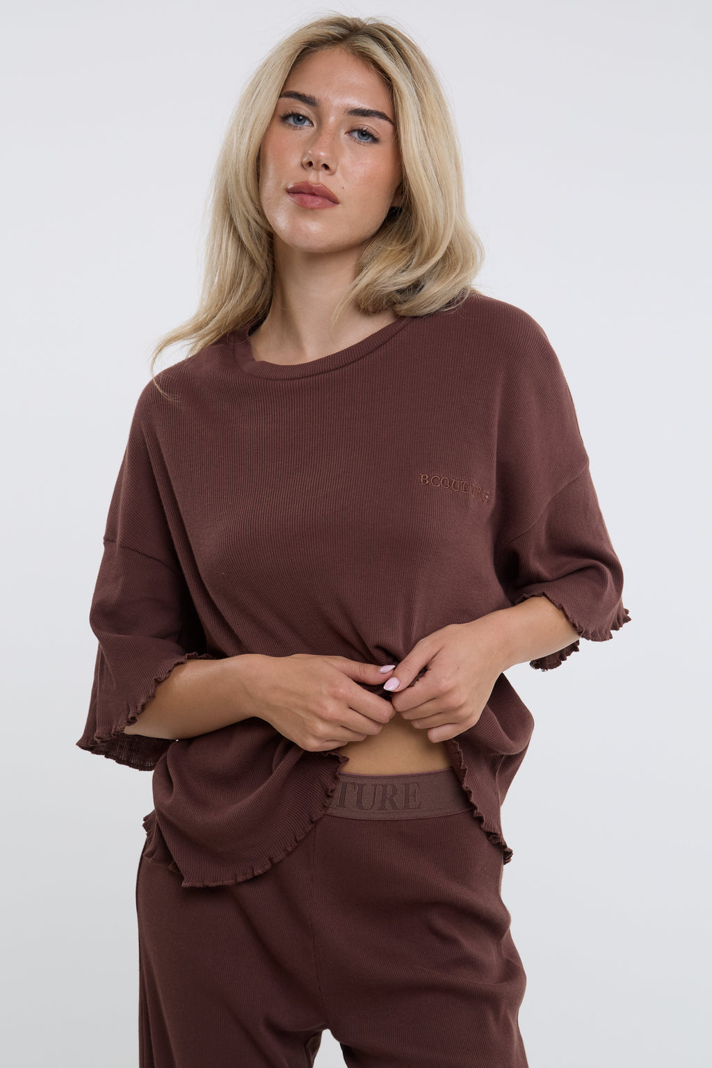 Off-Duty Ribbed Pyjama Set - Brown