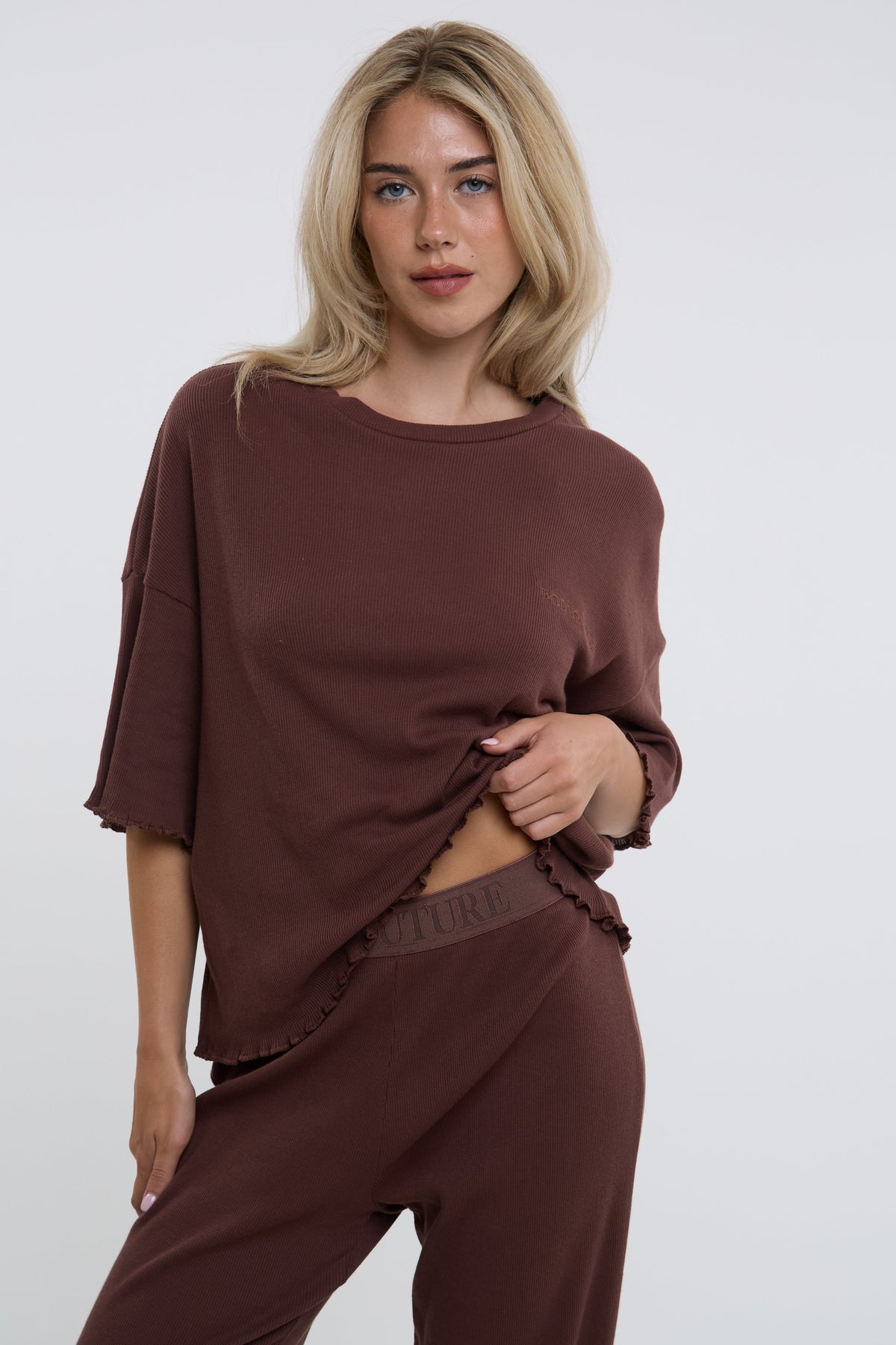 Off-Duty Ribbed Pyjama Set - Brown