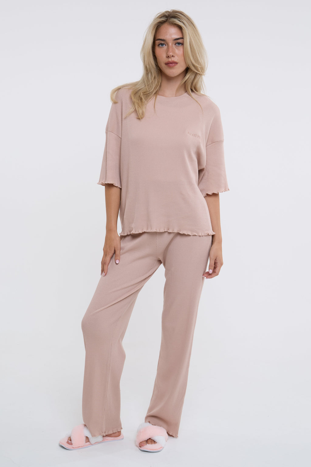 Off-Duty Ribbed Pyjama Set - Beige