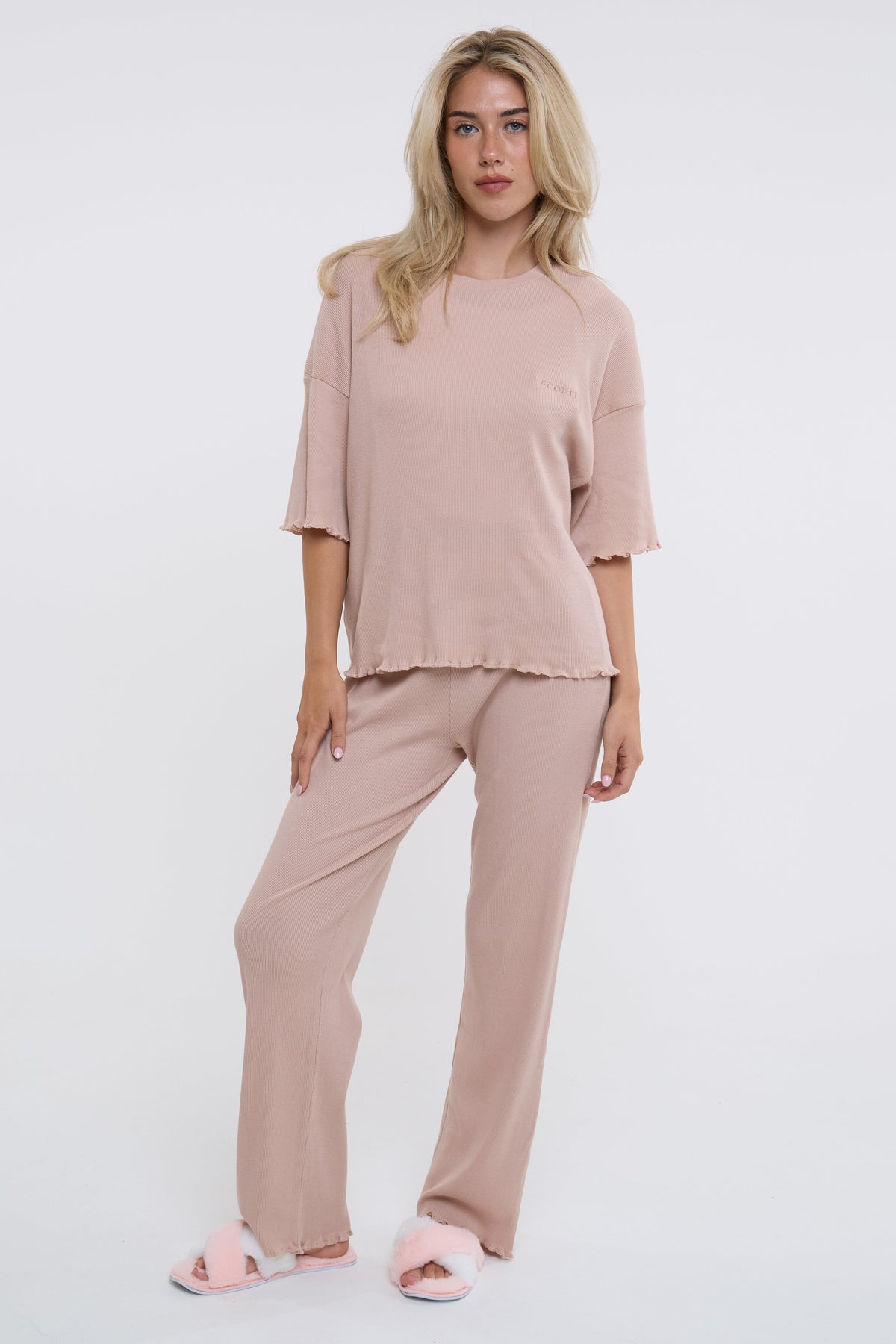Off-Duty Ribbed Pyjama Set - Beige