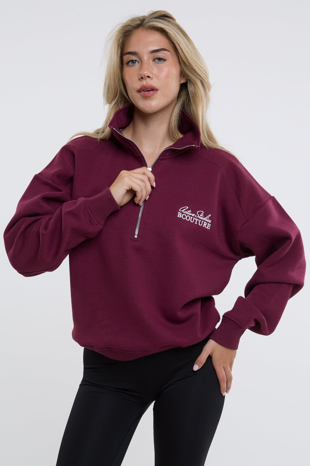 Active Studio Leggings & Half-Zip Sweatshirt - Burgundy/Black