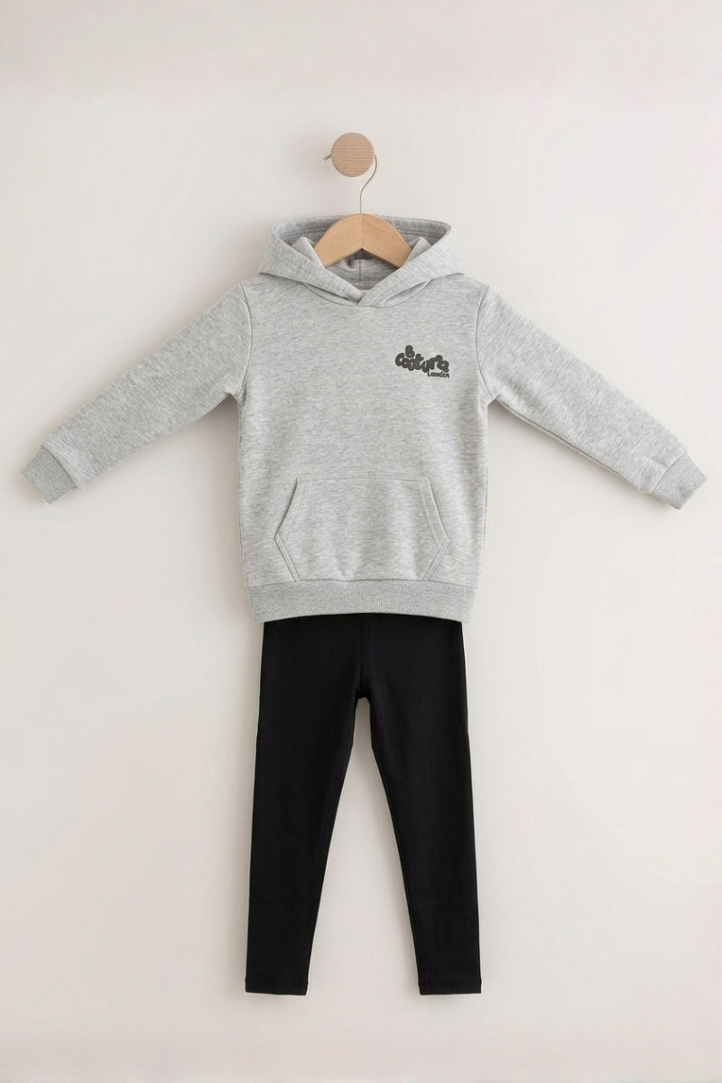 Luna Girls Leggings & Hoodie Set - Grey Marl/Black