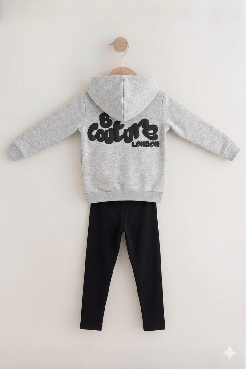 Luna Girls Leggings & Hoodie Set - Grey Marl/Black