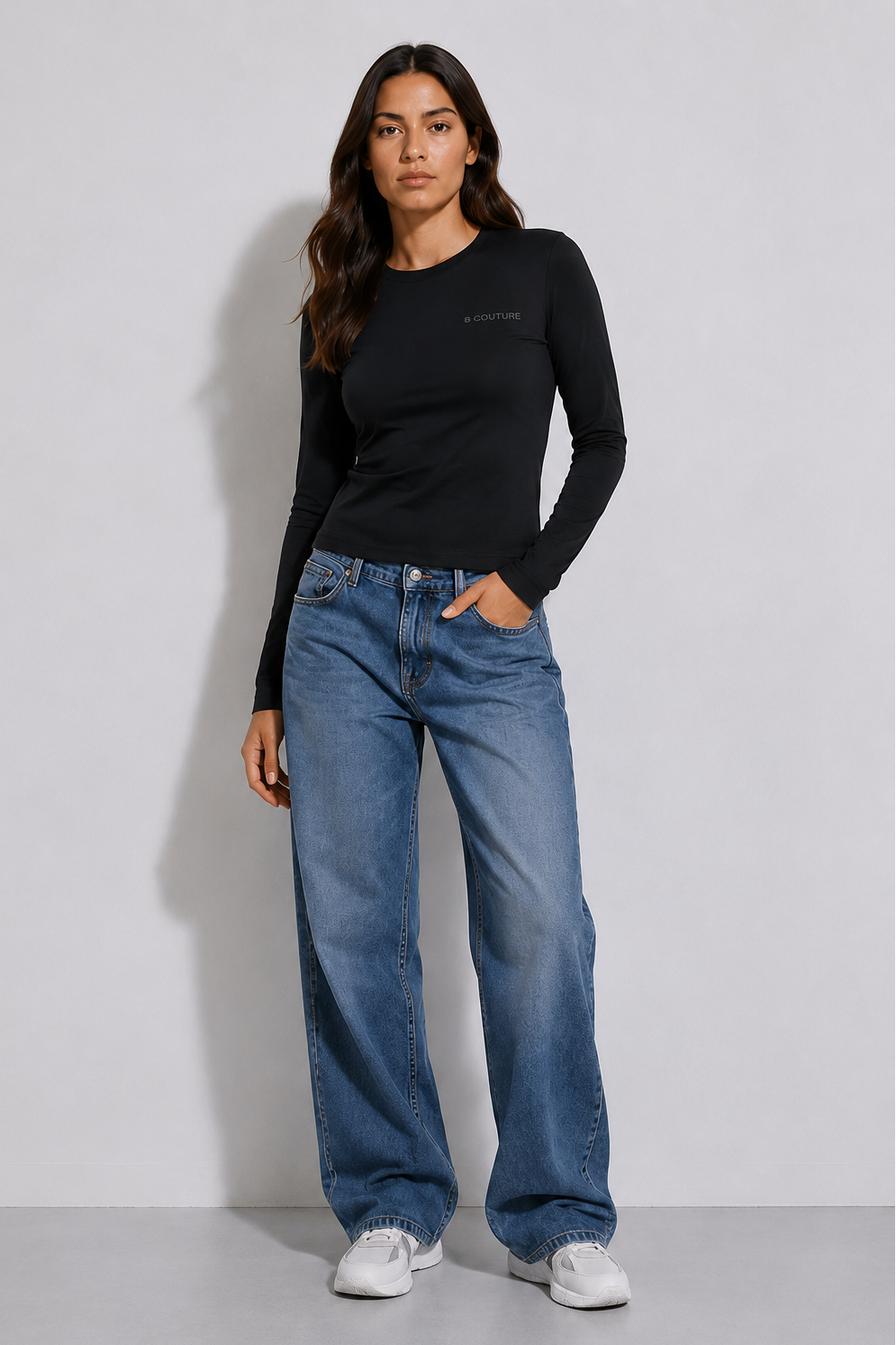 Fitted Long Sleeve Stretch Cotton T-Shirt - Black