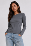 Fitted Long Sleeve Stretch Cotton T-Shirt - Grey