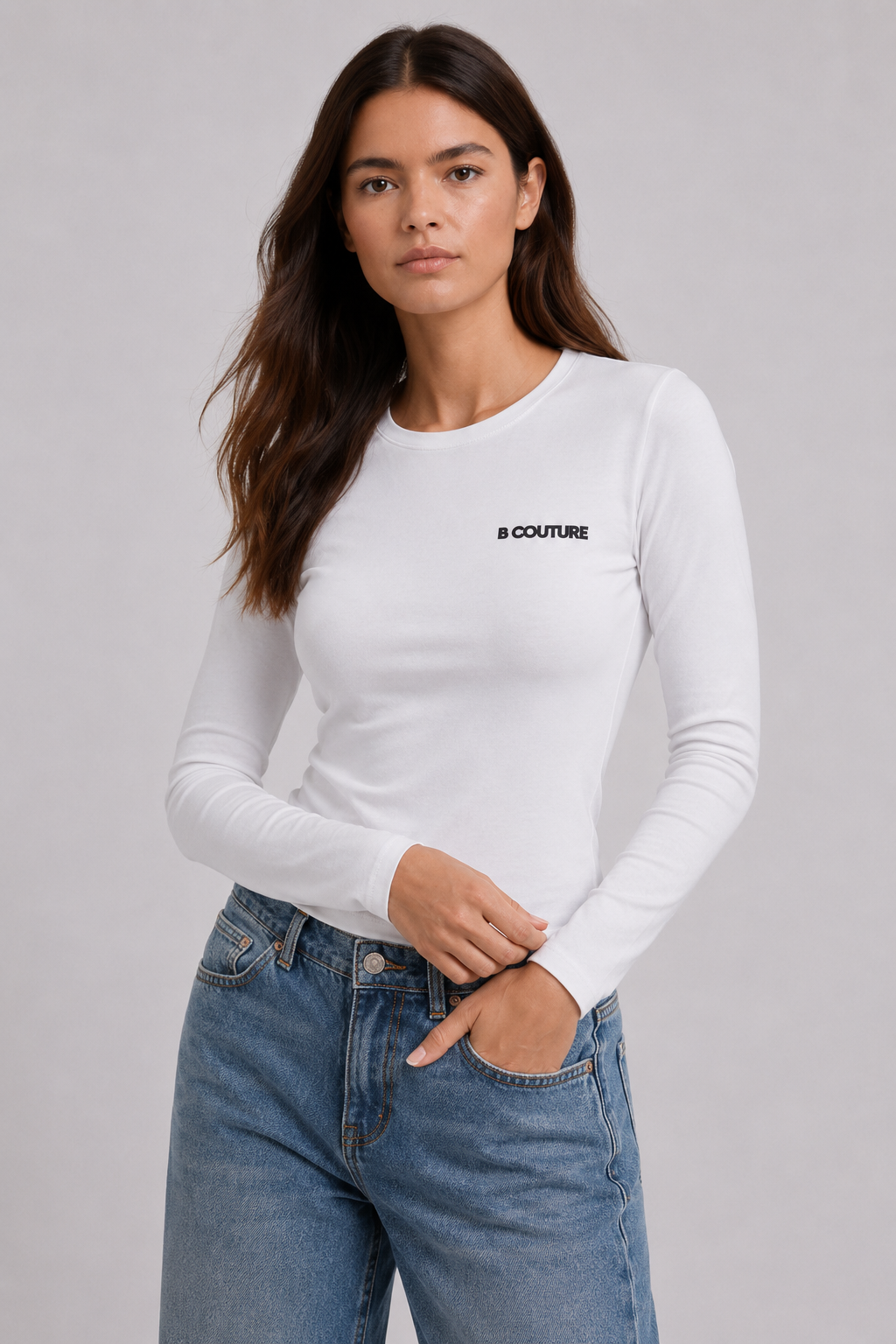 Fitted Long Sleeve Stretch Cotton T-Shirt - White