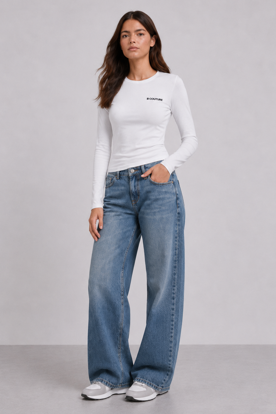 Fitted Long Sleeve Stretch Cotton T-Shirt - White