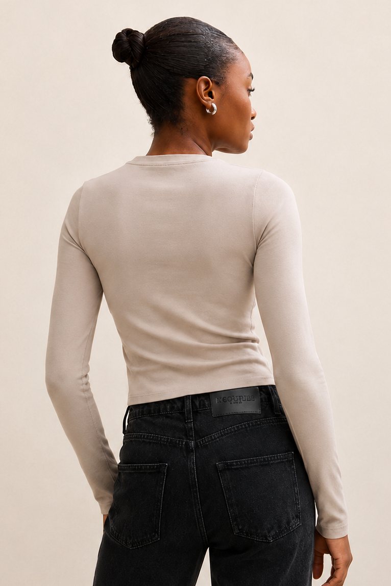 Fitted Long Sleeve Stretch Cotton T-Shirt - Stone
