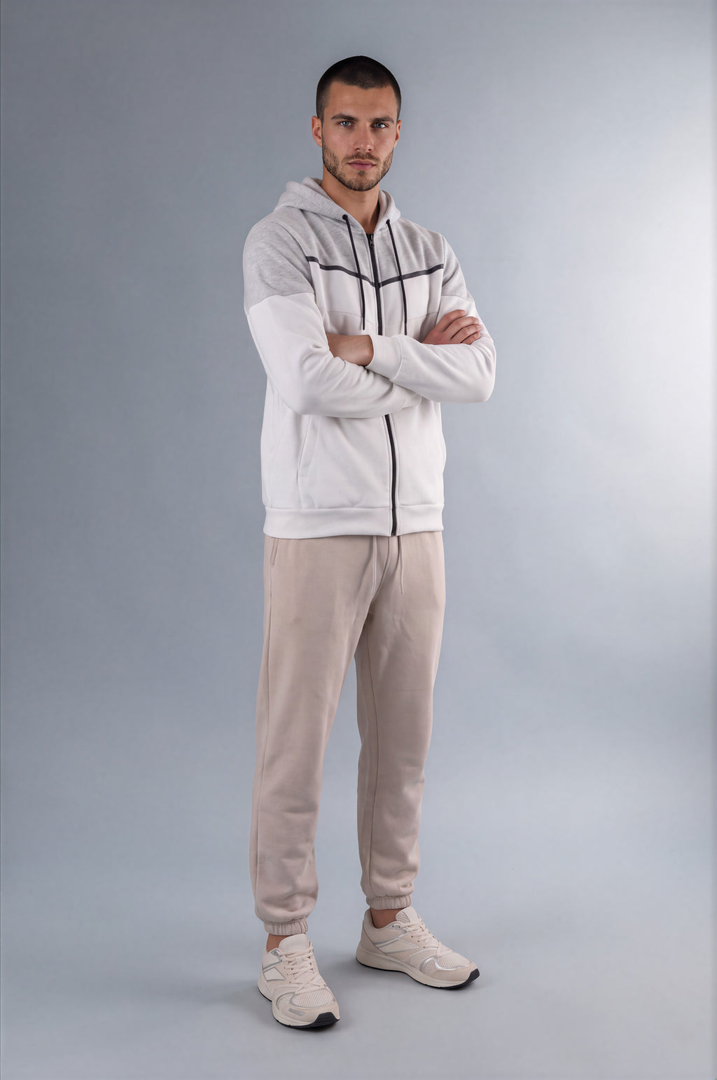 Kensal Colour Block Fleece Zip Hoodie - White/Grey Marl