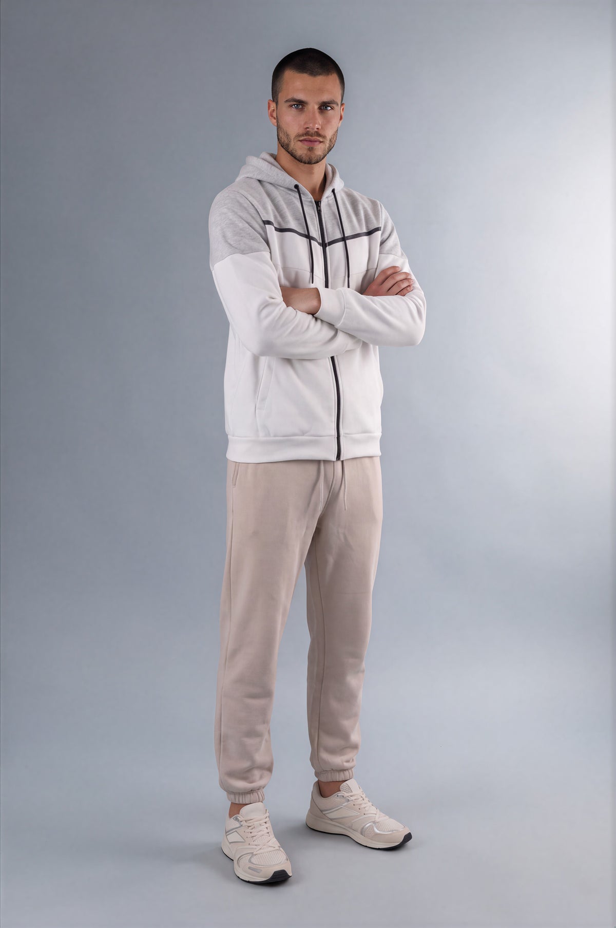 Kensal Colour Block Fleece Zip Hoodie - White/Grey Marl