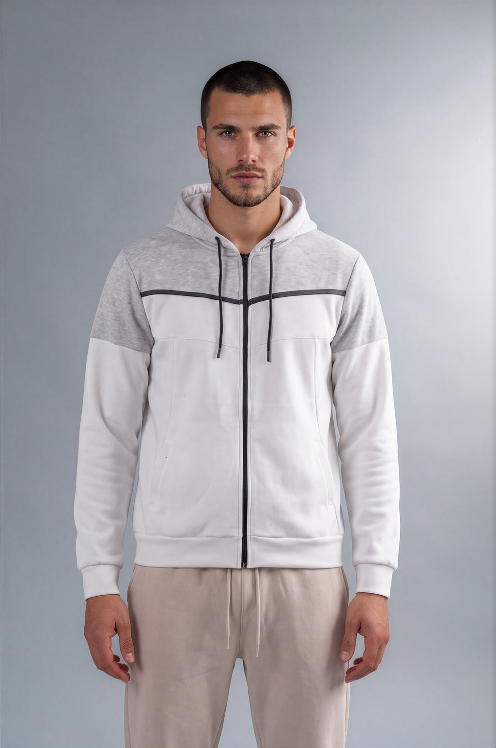 Kensal Colour Block Fleece Zip Hoodie - White/Grey Marl