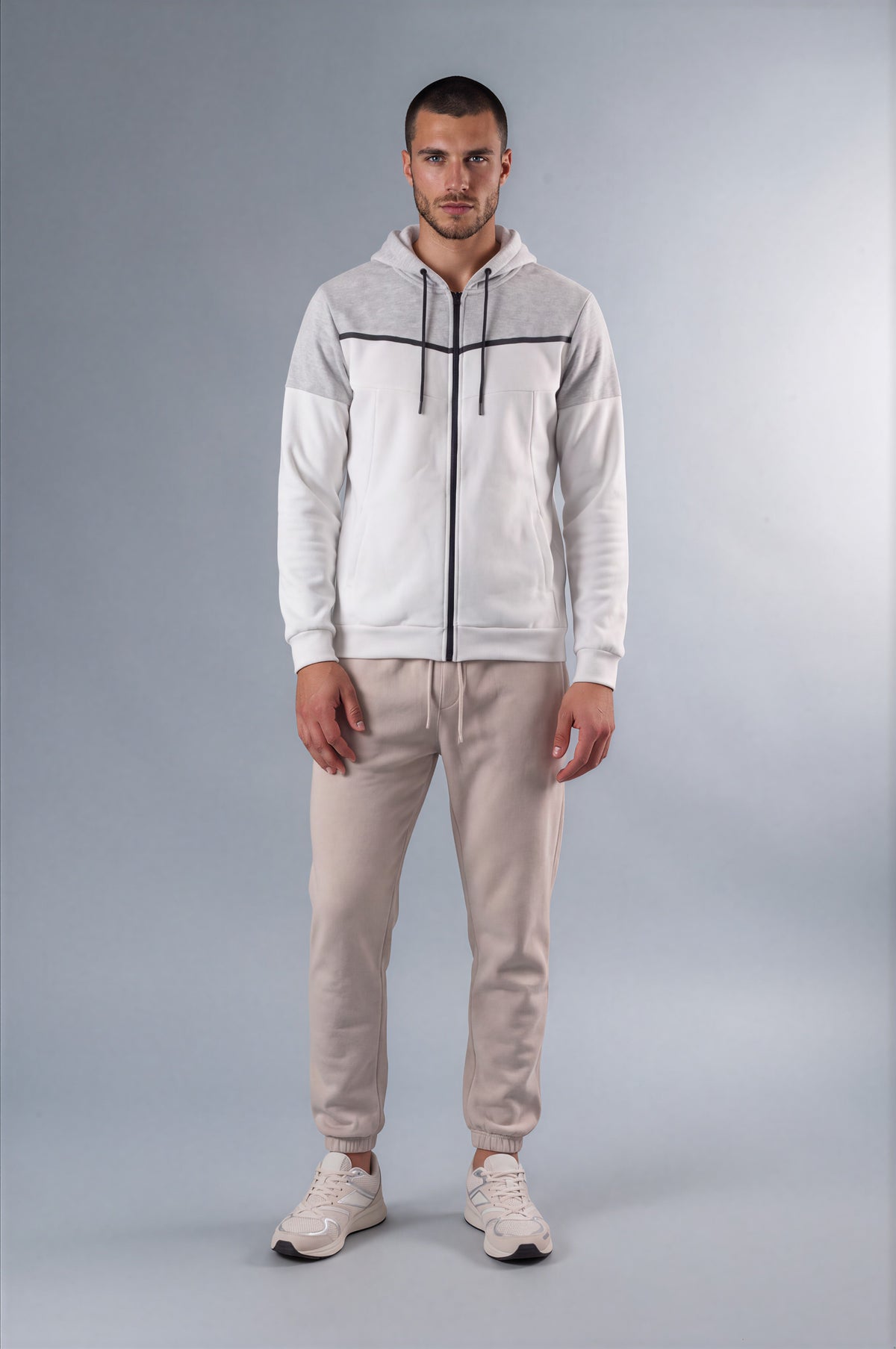 Kensal Colour Block Fleece Zip Hoodie - White/Grey Marl