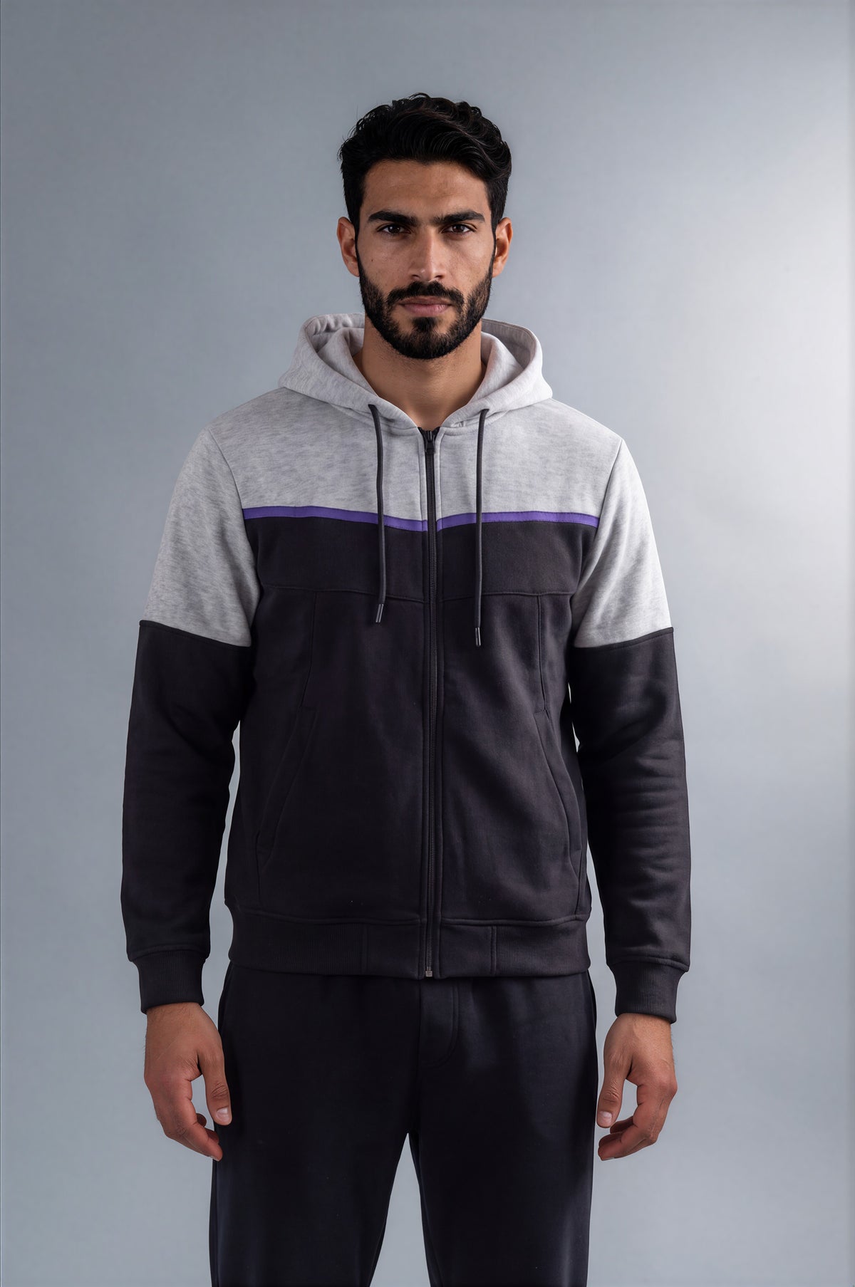 Kensal Colour Block Fleece Zip Hoodie - Black/Grey Marl