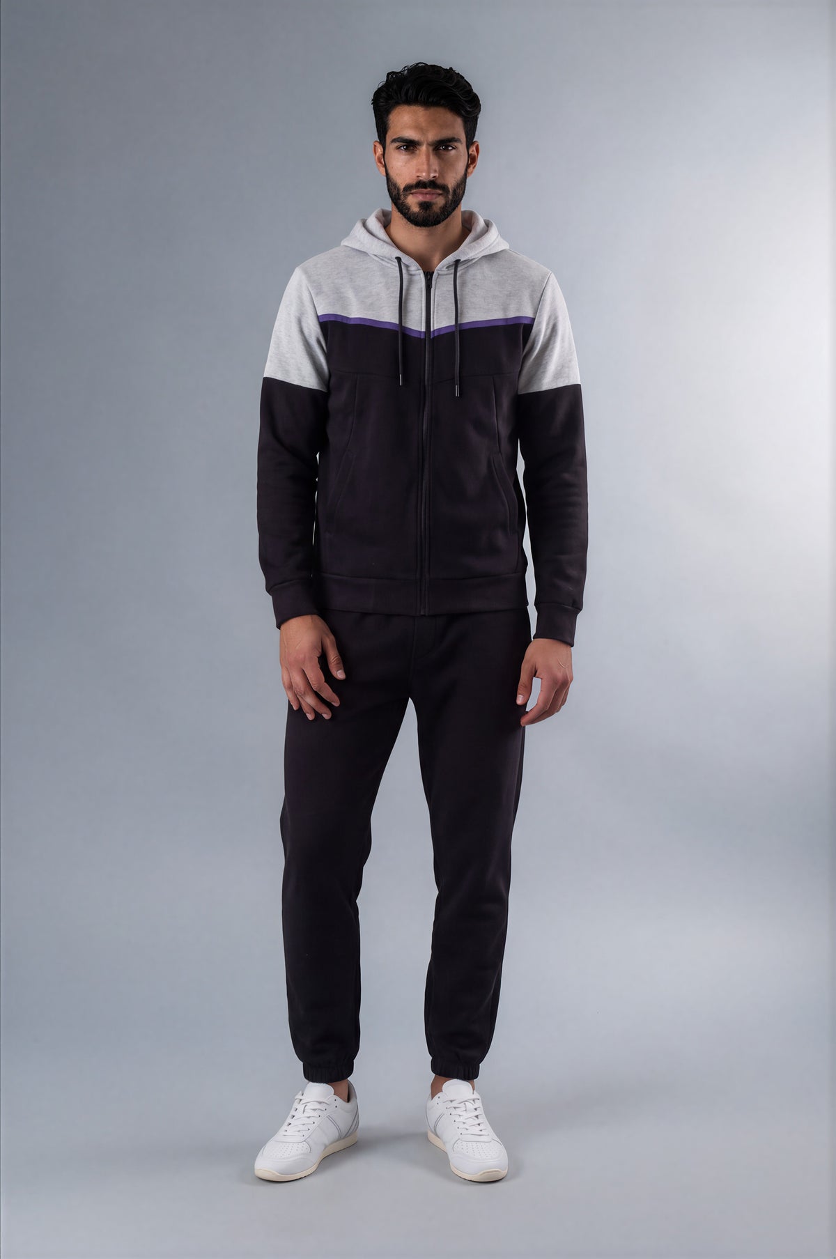 Kensal Colour Block Fleece Zip Hoodie - Black/Grey Marl