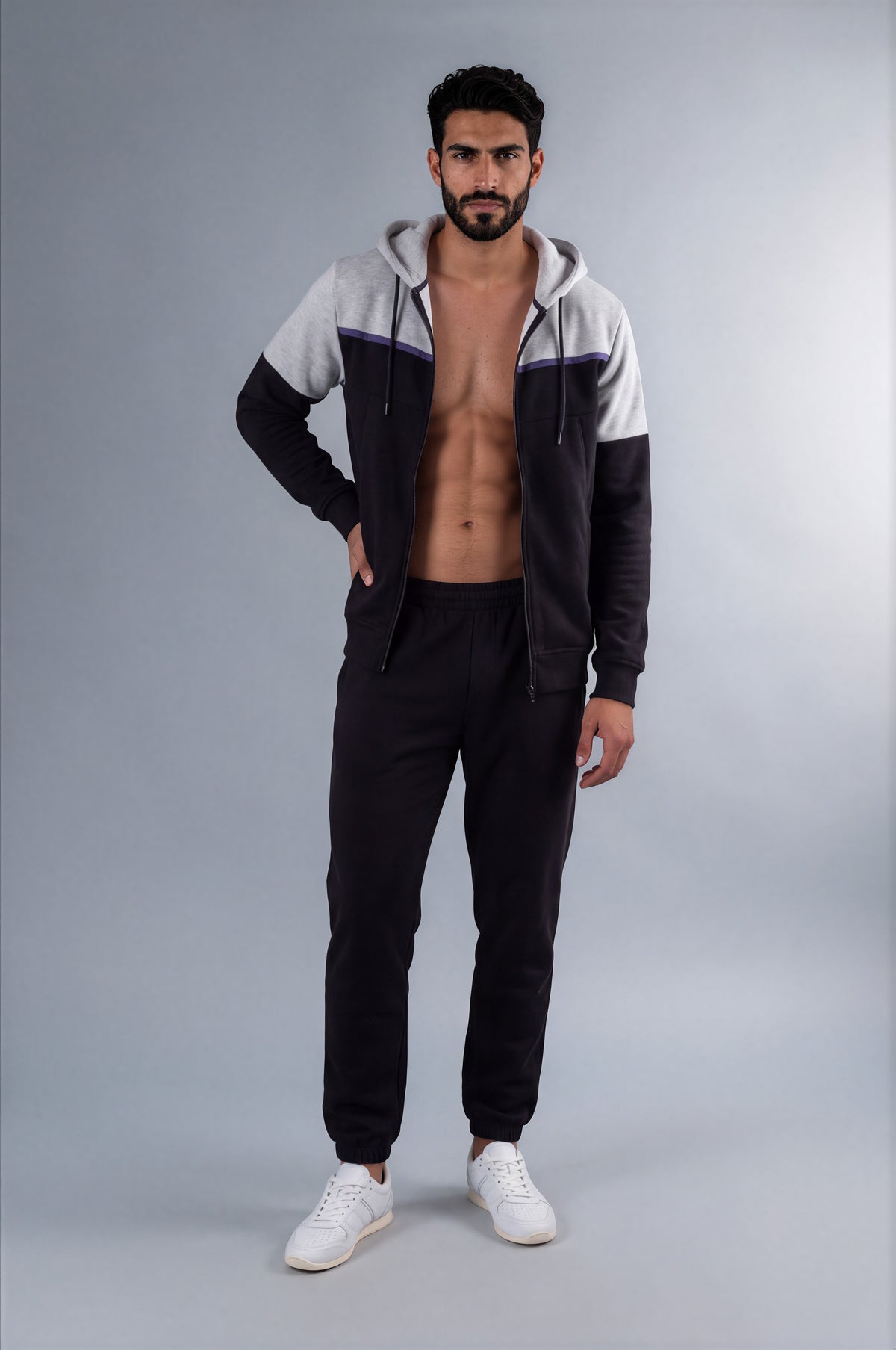 Kensal Colour Block Fleece Zip Hoodie - Black/Grey Marl