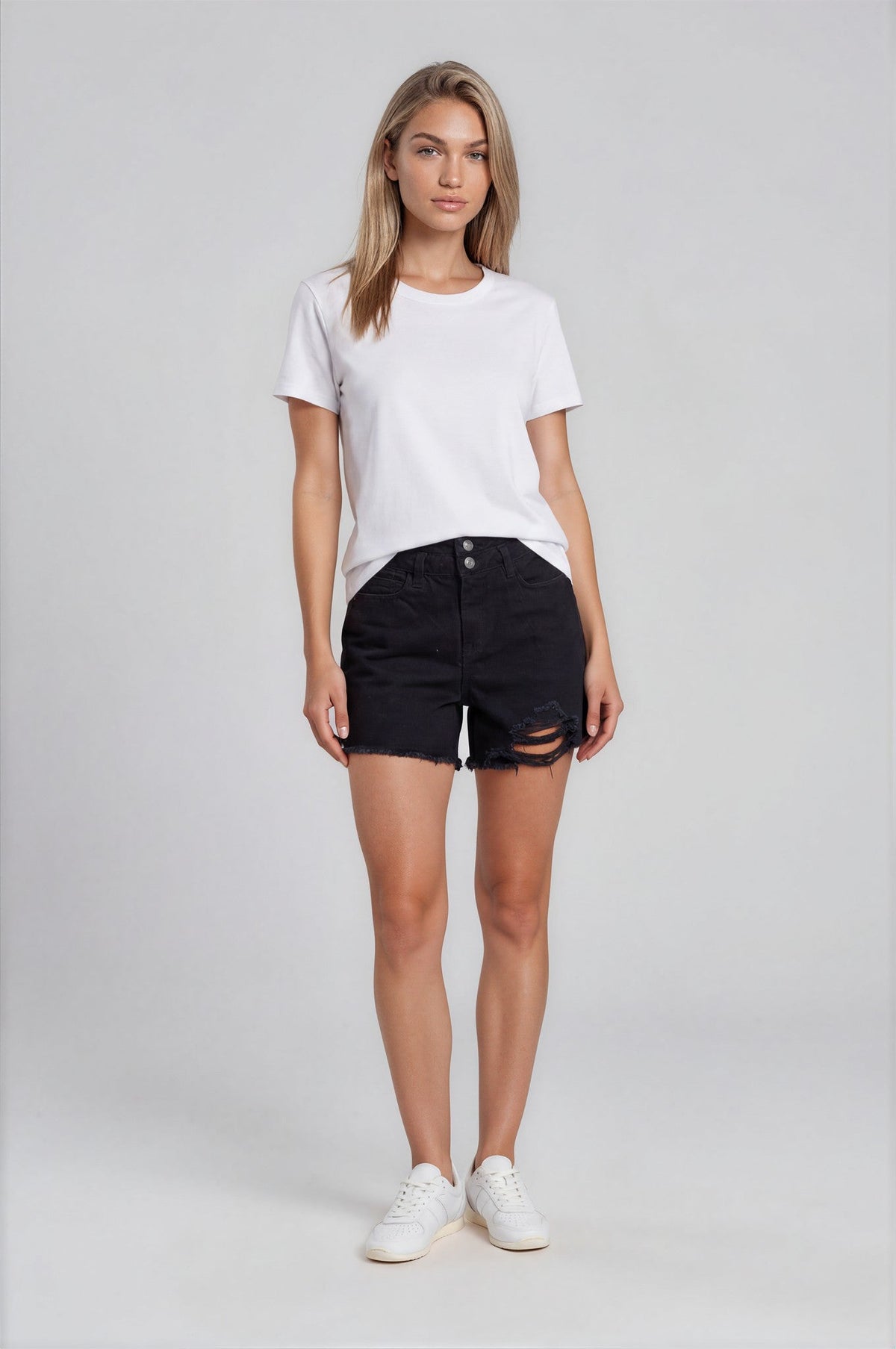 Myla Double Waistband Distressed Denim Shorts - Black
